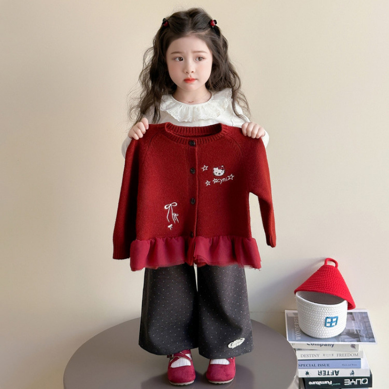 韩版女童春秋花边卡通开衫套装2025新款洋气儿童波点裤三件套|undefined