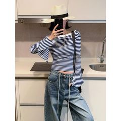 2025设计感蓝色条纹喇叭袖长袖t恤女春秋小个子内搭打底衫上衣