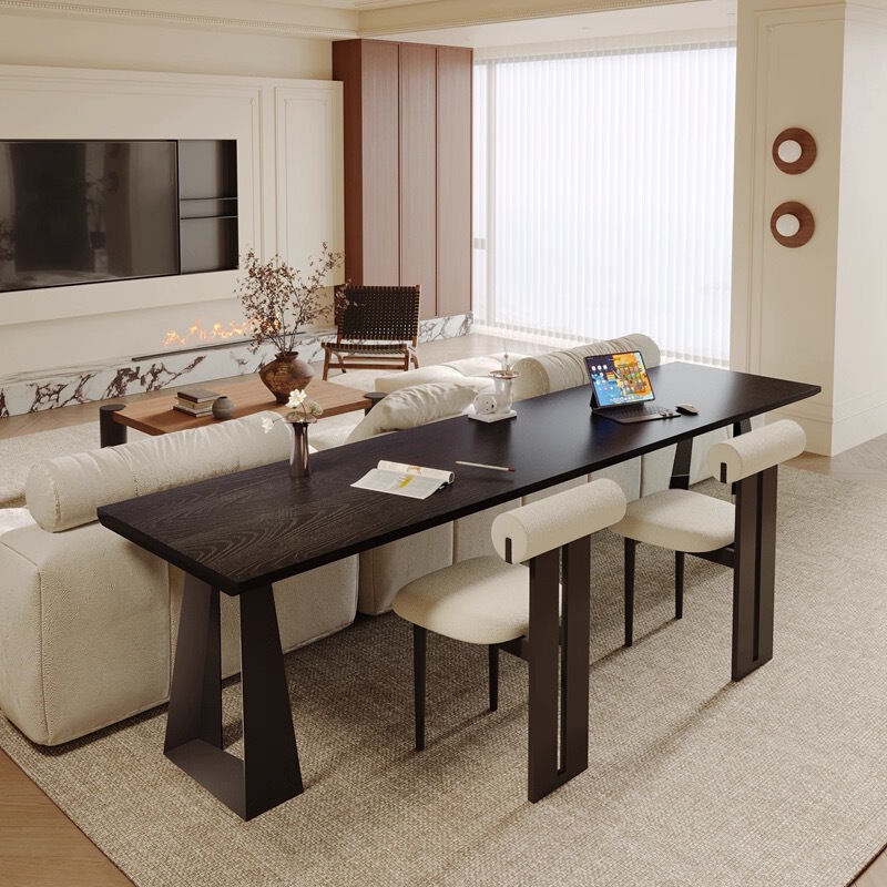 Long Wooden Desk Behind the Sofa in the Living Room, Italian-Style Black Multi-Person Office Computer Desk for Home Use