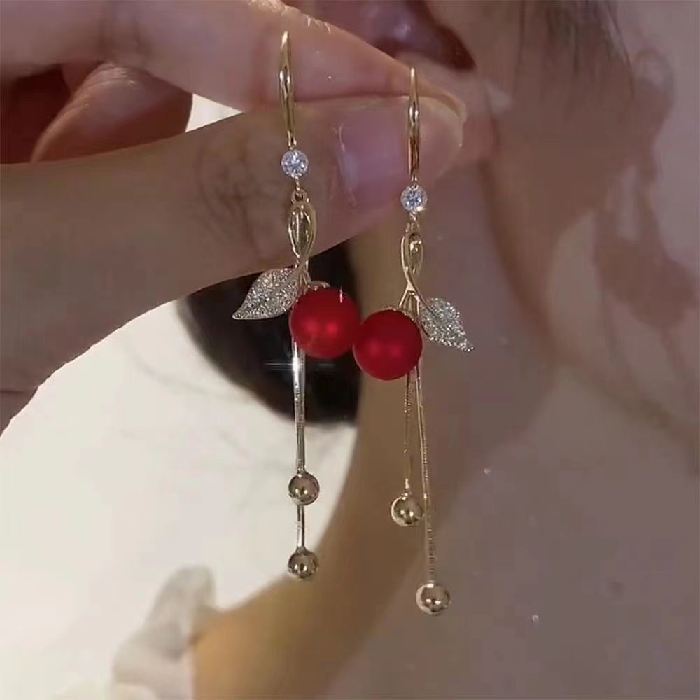 Retro long red matte sophisticated earrings with tassels pearl with…