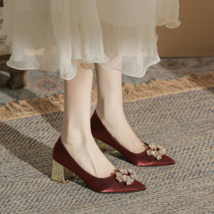 Jinye Cg6021 Thick Heel Wedding Shoes Flats Women's Bridal Shoes Not Tiring Feet 2024 New Spring & Fall Pointed Toe High Heels for Women