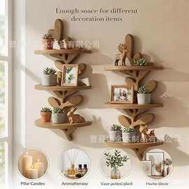 新款木质墙面收纳架壁挂式树叶造型木制置物架多层实木花艺储物架