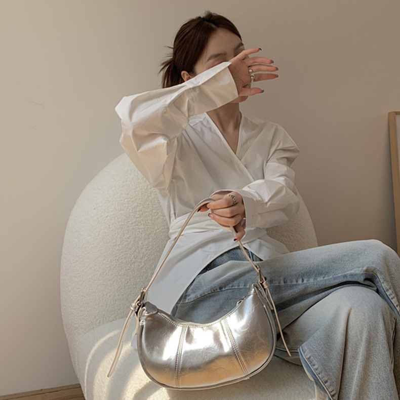 Borsa a spalla argento a mezzaluna stile coreano borsa di lusso_voghion.com