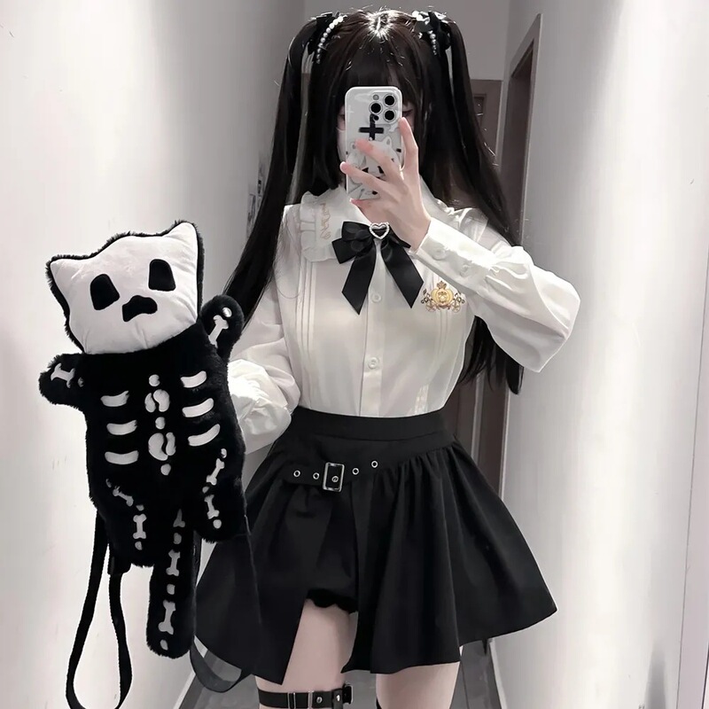 洛花糖***辣妹纯欲JK制服刺绣白色衬衫女设计感半身裙包臀裙套装|undefined