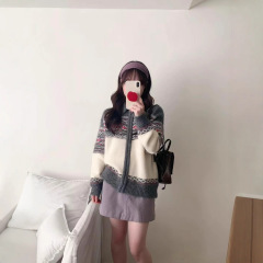 复古费尔岛慵懒风针织开衫毛衣女秋冬季新款翻领拉链宽松上衣外套