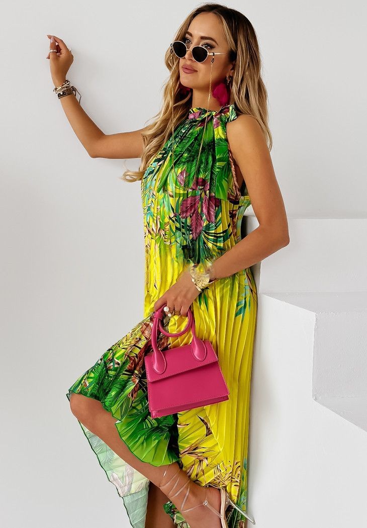 Plant Pattern Summer Season Women's Gender Wholesale Women's Bohemian Printing Plant Holiday Travel Standing Collar Sleeveless Swing Dress