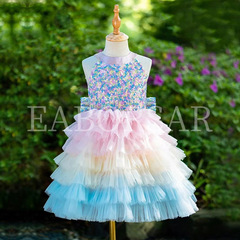 ins歐美風兒童禮服公主裙彩虹蛋糕亮片蓬蓬網紗裙聖誕節跨境代發