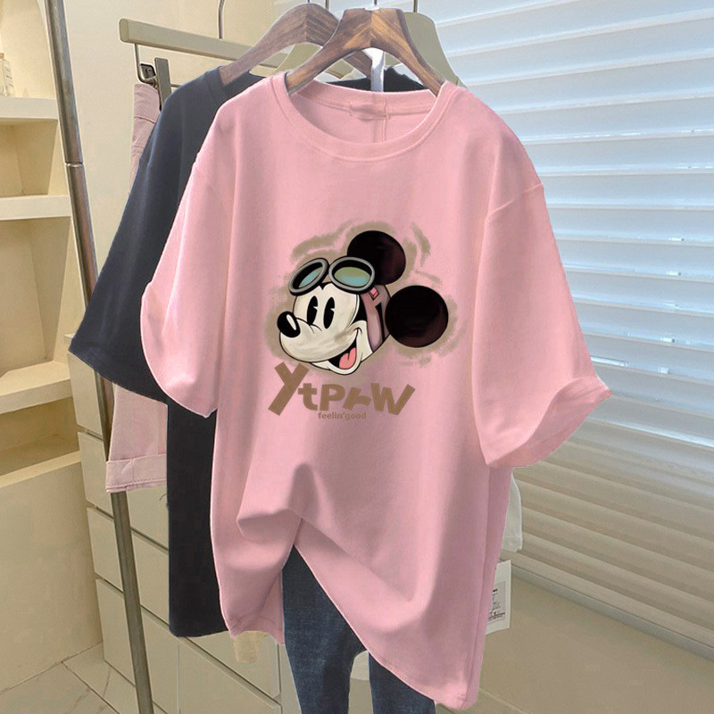 Pair with Shark Pants, Pure Cotton Short-Sleeve T-Shirt for Women, Mid-Length Loose Casual Plus-Size Top, Pink Base Shirt for Summer Pair with Shark Pants, Pure Cotton Short-Sleeve T-Shirt for Women, Mid-Length Loose Casual Plus-Size Top, Pink Base Shirt for Summer