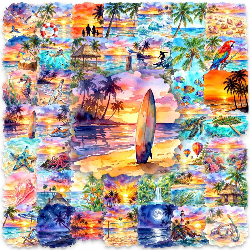 New Set of 50 Watercolor Ins-Style Tropical Beach Pet Transparent Stickers with Hawaiian Flair for Seaside Decoration New Set of 50 Watercolor Ins-Style Tropical Beach Pet Transparent Stickers with Hawaiian Flair for Seaside Decoration