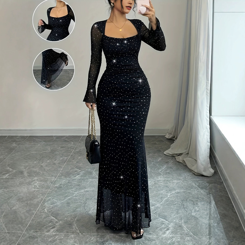 Autumn and winter fashion elegant pleated front fitted mermaid hem long sleeve bell sleeve dress
