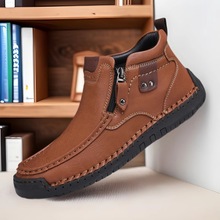 秋冬新款男士中帮马丁靴时尚拉链大码皮靴手工缝制外贸跨境男靴