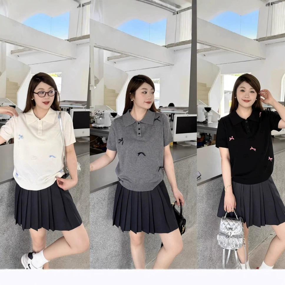 Большие размеры в консервативном стиле с контрастным стерео бантом и воротником-поло, трикотажная футболка с короткими рукавами, женская летняя новая футболка для похудения
