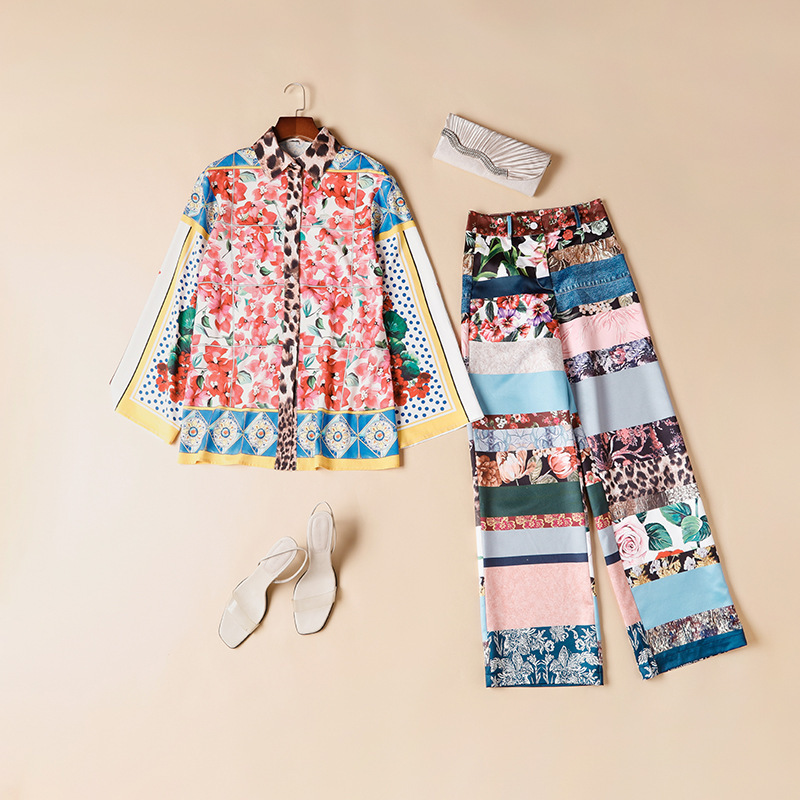 European Station 2021 Spring Foreign Trade New Women's Leopard Collar Long Sleeve Shirt Top + Straight Pants Set Women