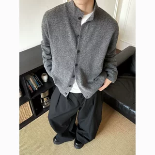 美式复古半高领百搭混纺毛衣男士秋冬季新款休闲小众针织开衫外套
