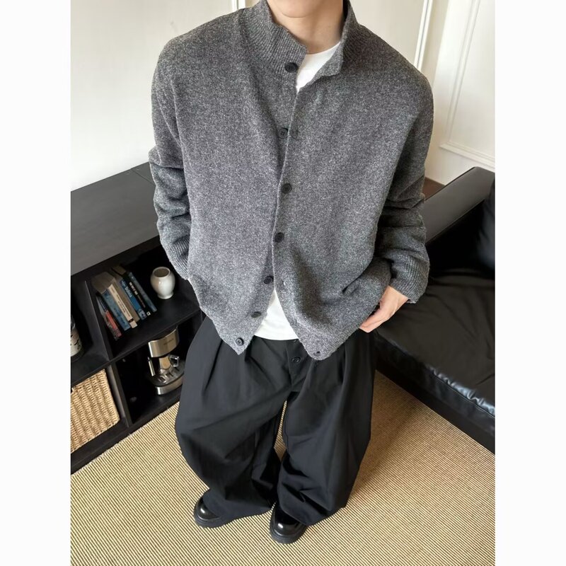 American Retro Half Turtleneck Versatile Blended Sweater Men's Autumn and Winter New Casual Niche Knitted Cardigan Jacket