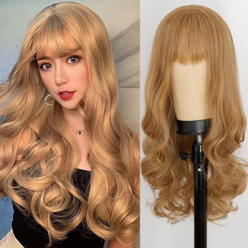 European and American Wig Female Long Hair Anime Bangs Golden Long Curly Hair Big Wave Headgear Factory Ready-Made Long Style European and American Wig Female Long Hair Anime Bangs Golden Long Curly Hair Big Wave Headgear Factory Ready-Made Long Style
