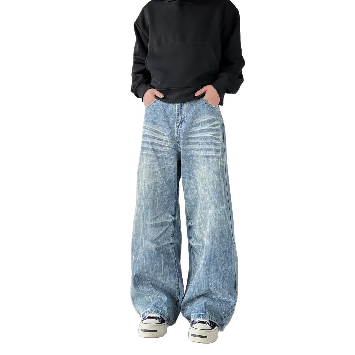 Men's And Women's Loose Fitting Flowy Denim Jeans Wide Leg Casual Style Lightning Bolt Pattern Fashionable Versatile Jeans_voghion.com