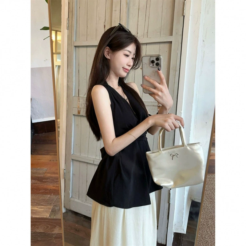 Французский женский топ без рукавов с бретелями, жилет на подтяжках в новом стиле, летний топ высокого класса с бантом на шнуровке.