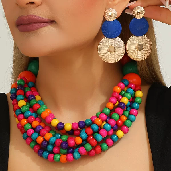 New Exaggerated Wooden Bead Jewelry Set, Handmade Multi-Layer Beaded Necklace, Tribal Party Fashion Sweater Chain Wholesale