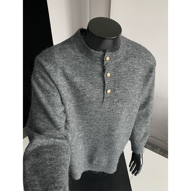 Cross-border new American-style Henley knit sweater, men's loose-fit retro pullover, trendy ins-style autumn/winter top