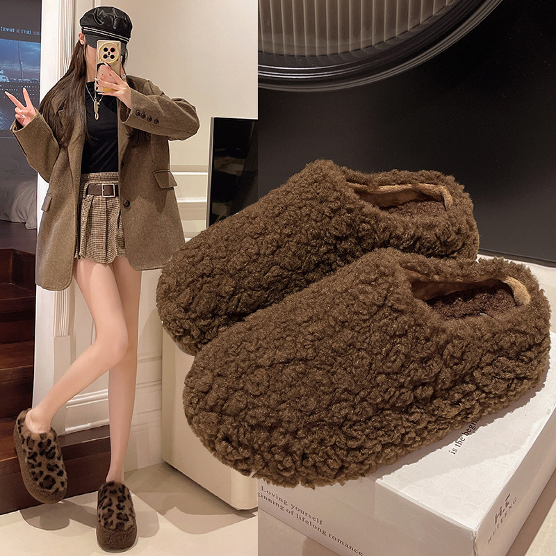Leopard Print Thick-Soled Height-Increasing Ultra-Soft Platform Closed-Toe Slippers for Women, Winter Home Warm Outdoor Fashion Comfortable Cotton Slippers