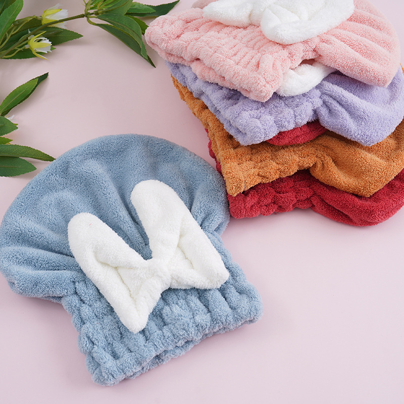 New bow coral velvet dry hair hat for women, home use, thick and absorbent quick-dry bath hat, cute princess dry hair hat