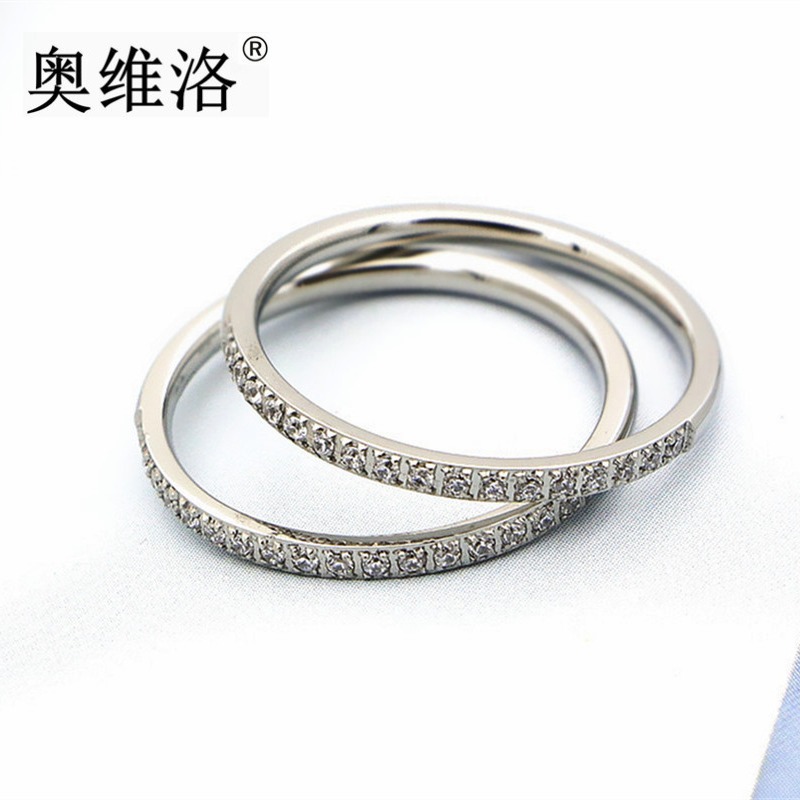 Aowello Korean and Japanese Fashion Version Diamond-Studded Steel Jewelry High-End Micro-Inlaid Ultra-Fine Women's Light Luxury Single Ring Trendy Exquisite Tail Ring
