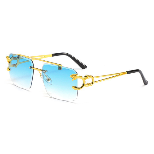 Unique Niche Double-Bridge Rimless Sunglasses with Diamond-Edge Design, Fashionable Retro Leopard-Head Decorative Sunglasses for Men and Women