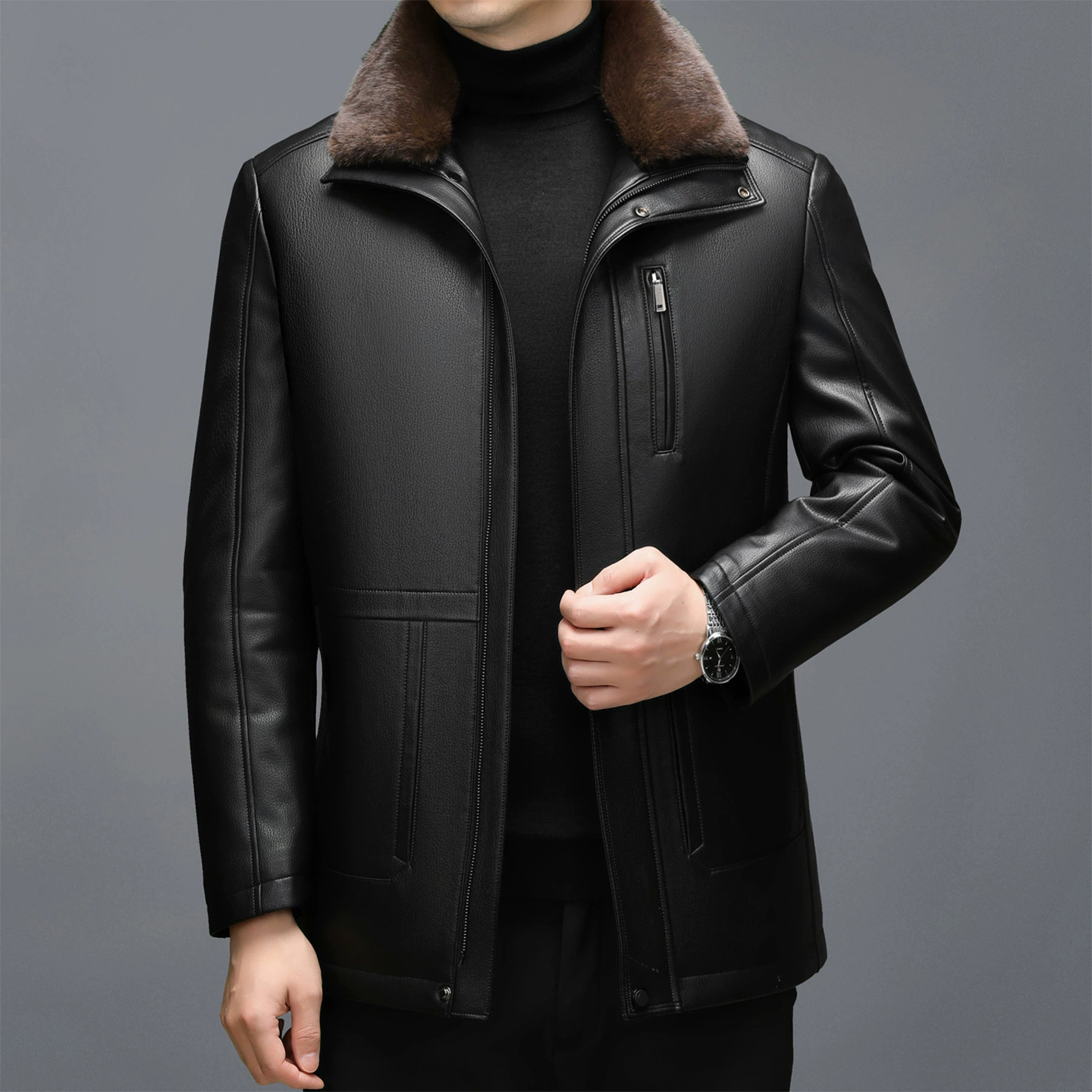 Long Leather Jacket, Mid-Length Genuine Leather, For Middle-Aged Men, Thick Lined