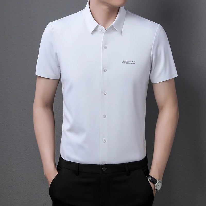 Summer Men's Traceless Short-sleeved Shirt Fashion R-logo Embossed Men's Solid Color Light Business Half-sleeved Shirt Men's Hair