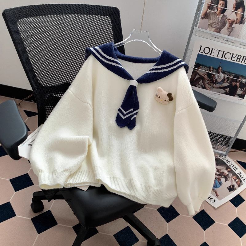 Contrast Color Navy Collar Cartoon Embroidered Pullover Sweater for Women 2025 Autumn and Winter New Korean Style Loose Casual Knitted Top
