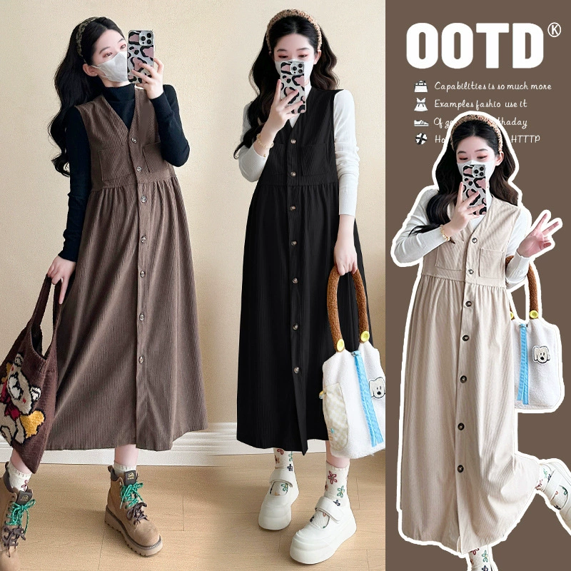 2024 Одежда для беременных осенняя сетка красный новый стиль с длинными рукавами трикотажный нижний вельветовый ремешок платье темперамент из двух частей женский