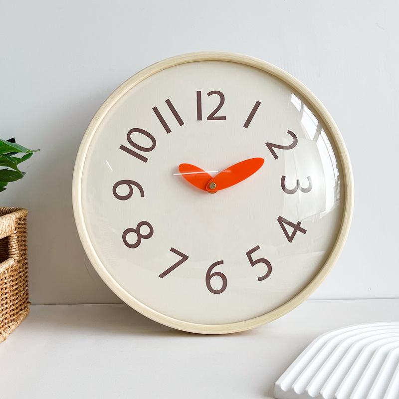 Cream Style Wall Clock Solid Wood Silent Milk Coffee Color Fashion Clock Living Room Bedroom Simple Decorative Clock Japanese and Korean Ins