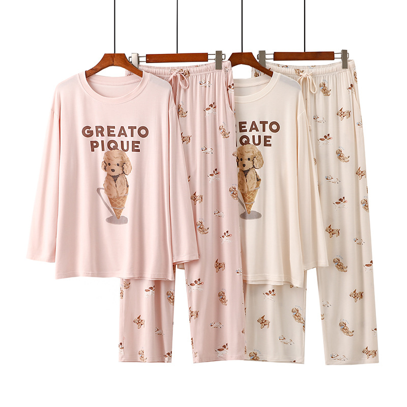 New Cartoon Ice Cream Dog Pajamas Women's Spring and Autumn Long Sleeves Long Pants Round Neck Loose Home Clothes Set 2024 New