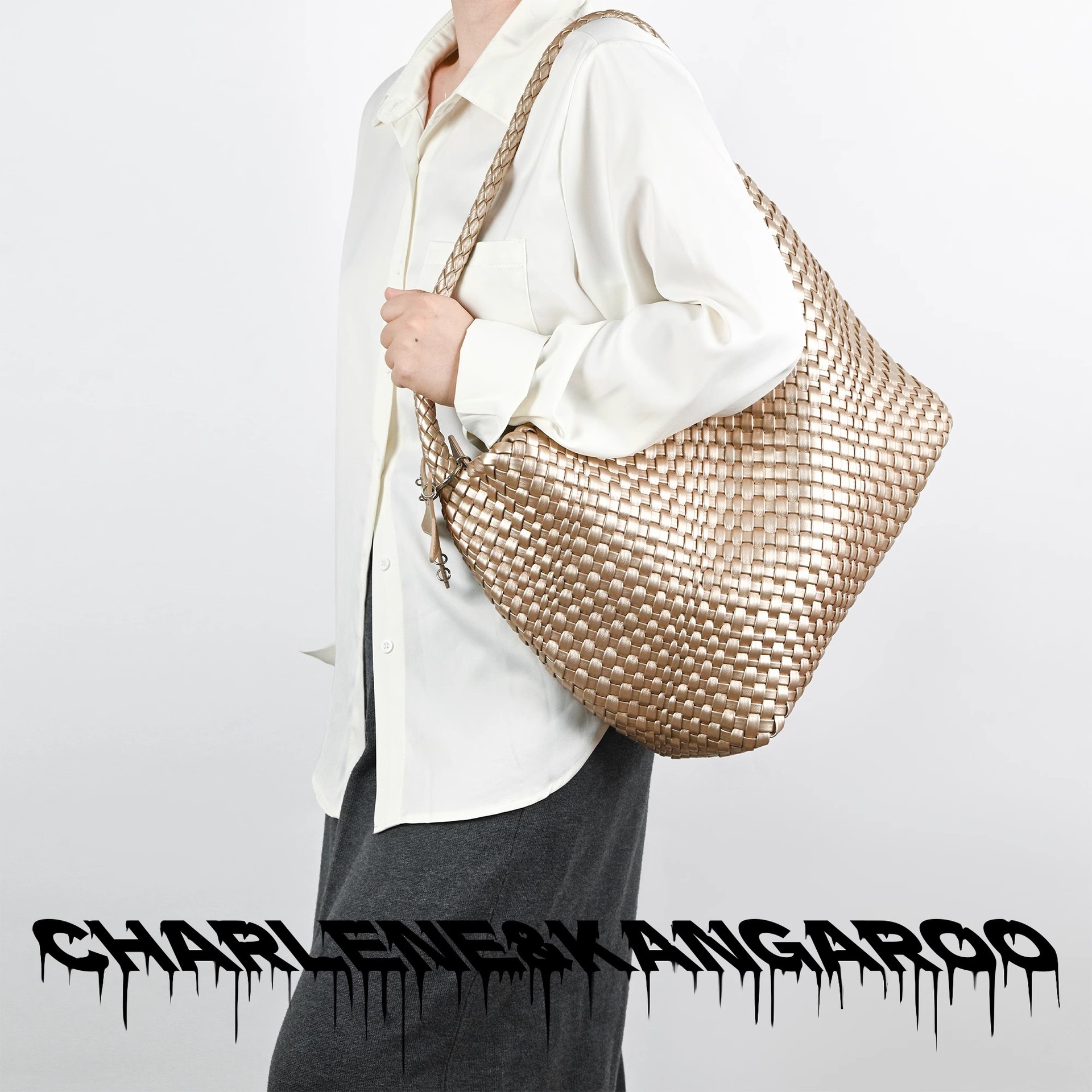 CHARLENE&KANGAROO Champagnerfarbene, gewebte Tragetasche für Damen, geräumige Handtasche/Schultertasche, europäisch-amerikanisch_voghion.com