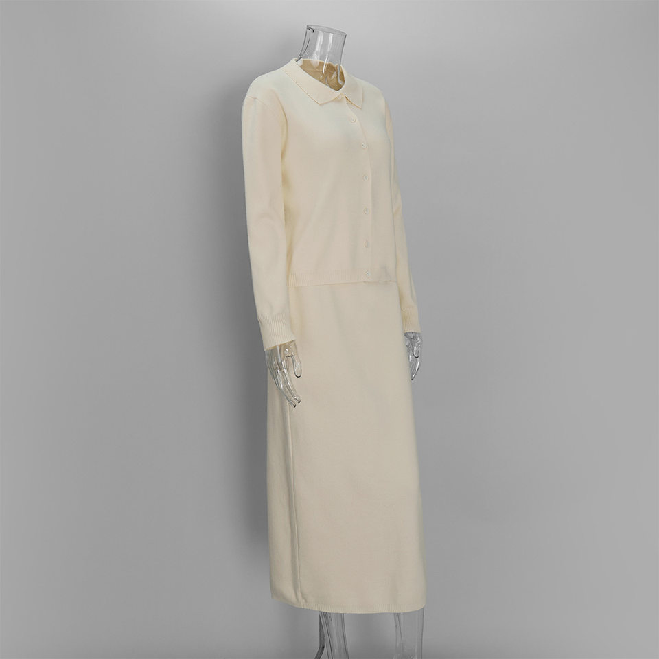 Bộ đầm len dệt kim áo khoác cardigan cổ bẻ cài nút và chân váy dài phong cách Âu Mỹ — Màu be chi tiết 10