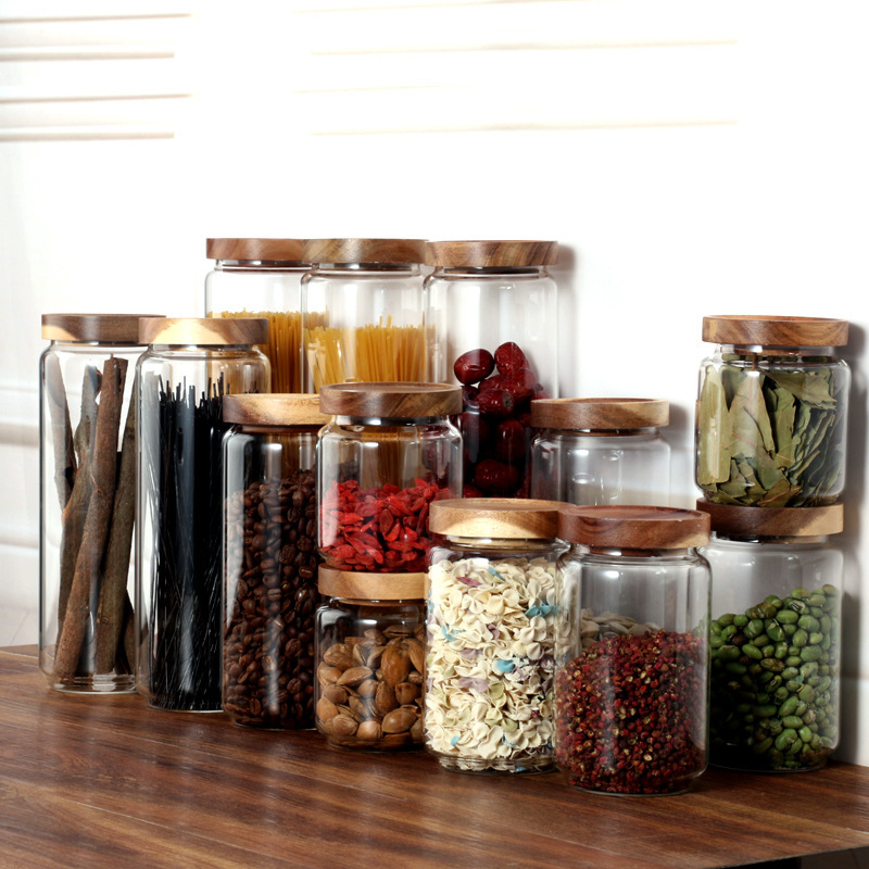 Tarro de vidrio de borosilicato con rosca sellada de madera de acacia para almacenamiento diario en la cocina, tarro para almacenamiento de granos variados, frutas secas y té.