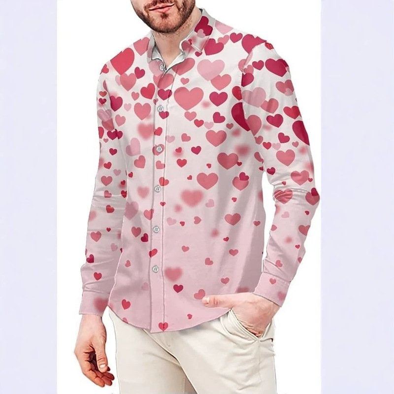New men's Valentine's Day heart print long-sleeve shirt, casual, stylish, breathable, suitable for interviews New men's Valentine's Day heart print long-sleeve shirt, casual, stylish, breathable, suitable for interviews