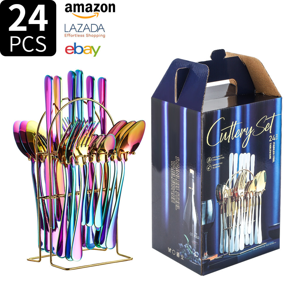 Fuente transfronteriza Amazon 1010 cubiertos de acero inoxidable cuchillo de comida occidental tenedor cuchara 24 piezas caja de regalo cuchara hotel