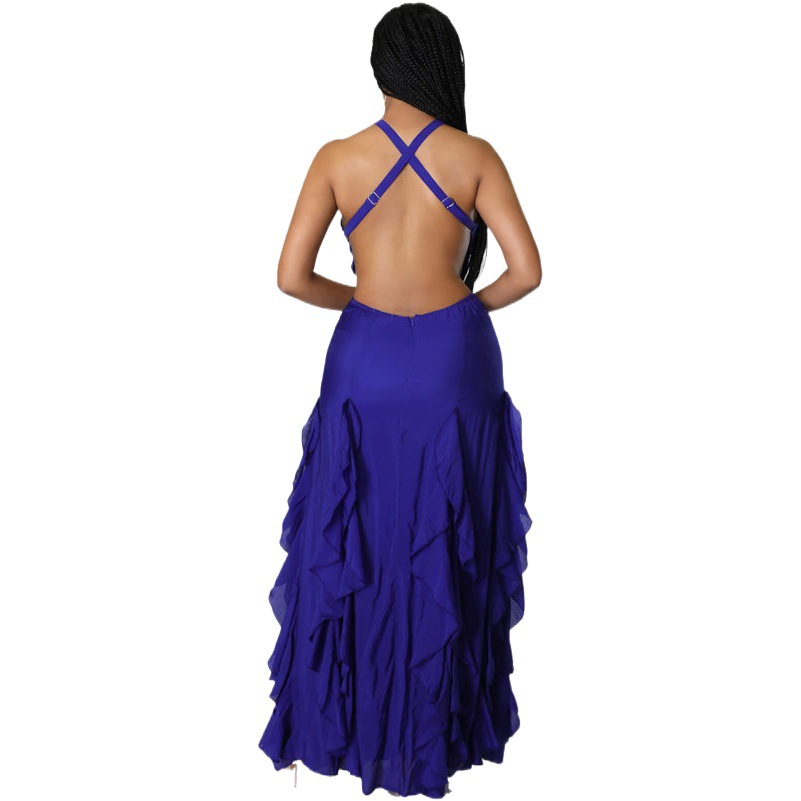 L053 color sólido vestido europeo y americano color sólido moda temperamento viajero irregular falda cuello redondo ropa de mujer