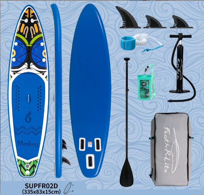 Надувная SUP доска (Inflatable), размеры 240–350×76–84×10–15 см, drop‑stitch, противоскользящая дека
