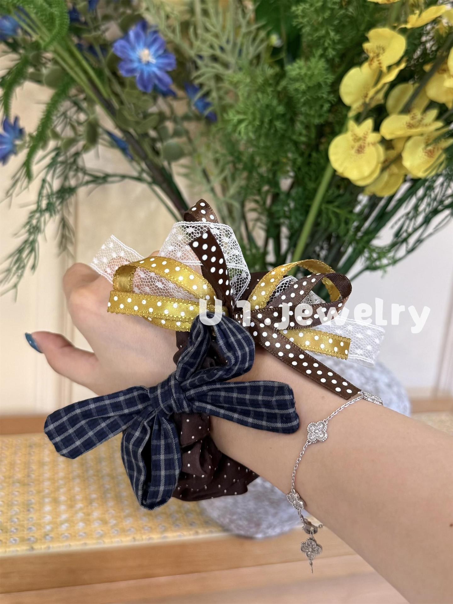 Youyijia stylish and unique double-layer bow hair tie, colorful polka dot plaid, girl's ponytail hair accessory