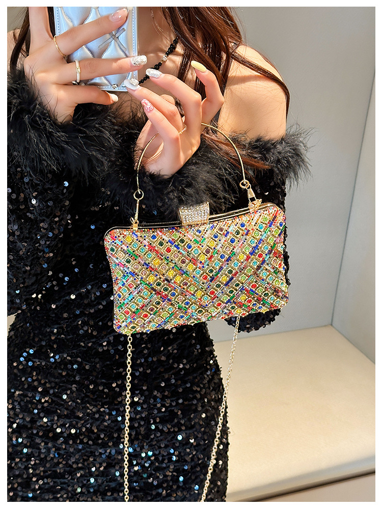 High-end evening dress, lady's water diamond clutch bag, diamond-encrusted bag, colorful diamond chain cheongsam bag, evening bag, women's handbag Item Picture