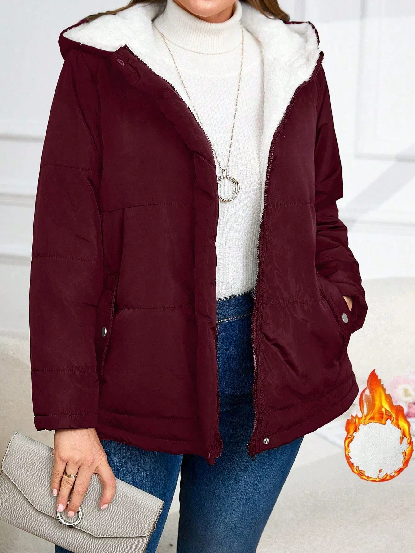 Winter down jacket with pockets with hood with zipper, plus size, increased thickness