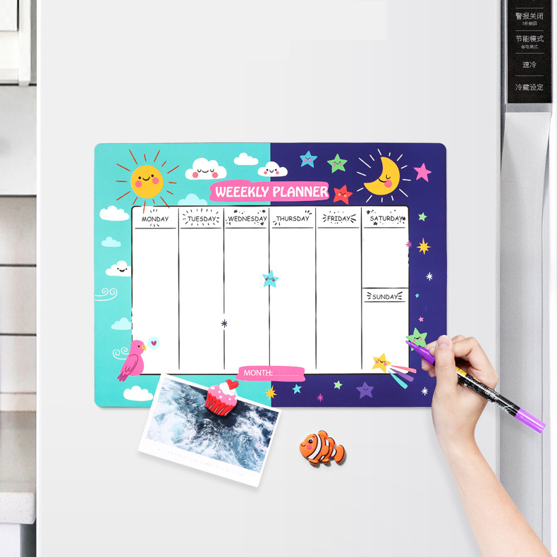 Horario de calendario mensual transfronterizo borrable A3 tablero de mensajes de notas magnéticas escritura pizarra suave etiqueta engomada del refrigerador extraíble