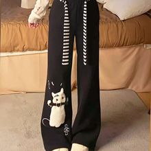 秋冬新款植绒慵懒风宽松显瘦时尚直筒裤女装大码猫咪刺绣休闲长裤