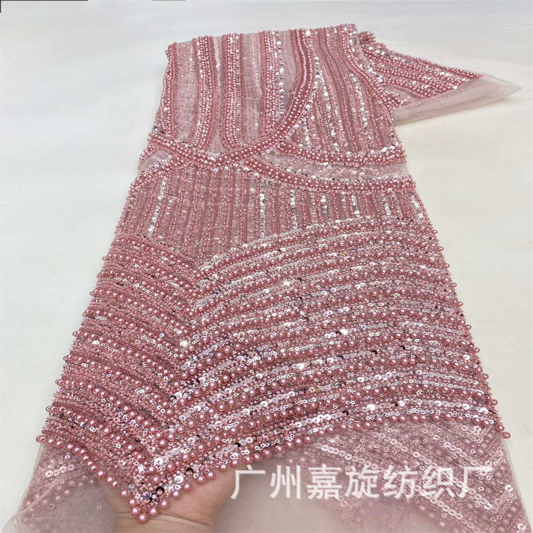 Tela de encaje africana de alta gama con cuentas pesadas, lentejuelas de cristal y bordados para vestido de novia, tela de moda. image 7