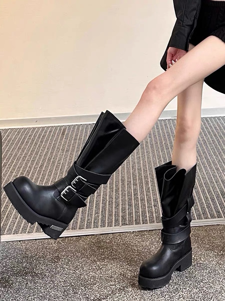 Retro Platform Knee High Boots For Women Punk Motorcycle Style_voghion.com