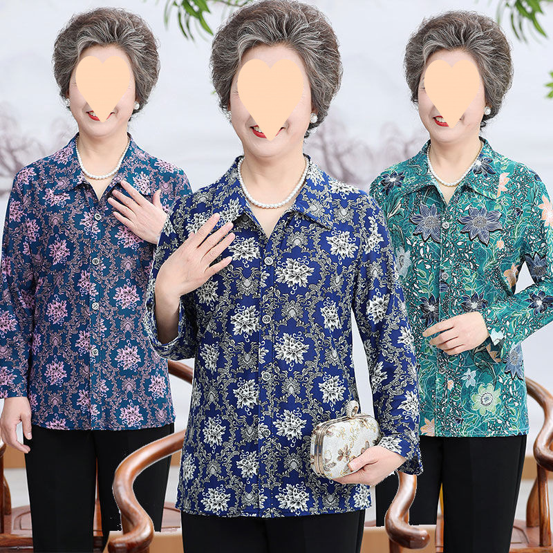 中老年人女装薄款冰丝衬衫长袖女夏季新款奶奶装宽松休闲大码上衣