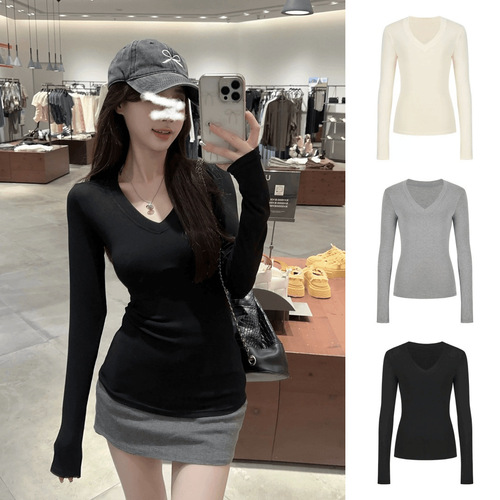 American-style spicy V-neck plush long-sleeved T-shirt for women, 2025 new autumn top for layering, basic undershirt top